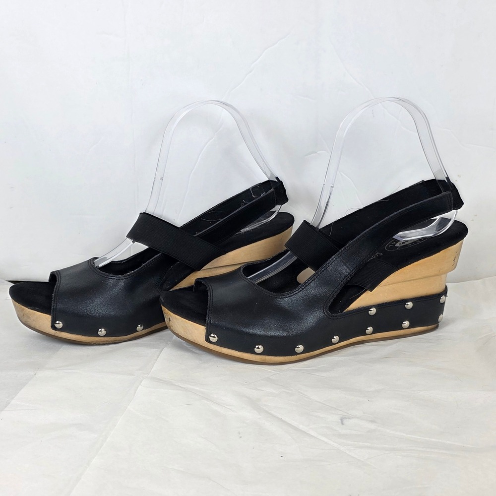 Dr. Scholls Audrey Black Leather Studded Wood Wedge Sandals 9M Elastic Slingback